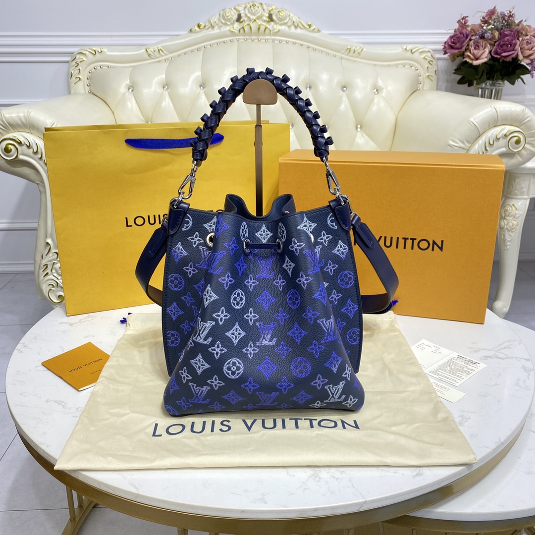 Louis Vuitton MURIA Bucket Bag Mahina Leather M59554 Navy Blue